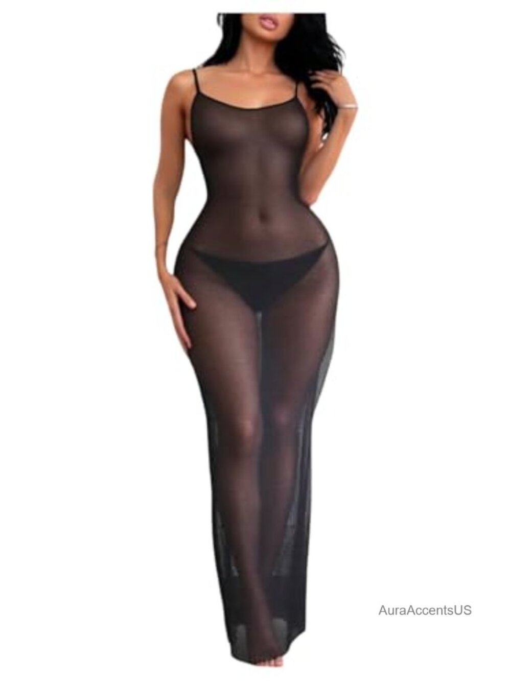 Sheer Mesh Spaghetti Strap Chemise Dress with Thong 2-Piece